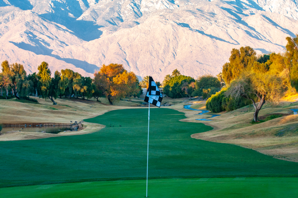 Checkered flag on golf course fairway